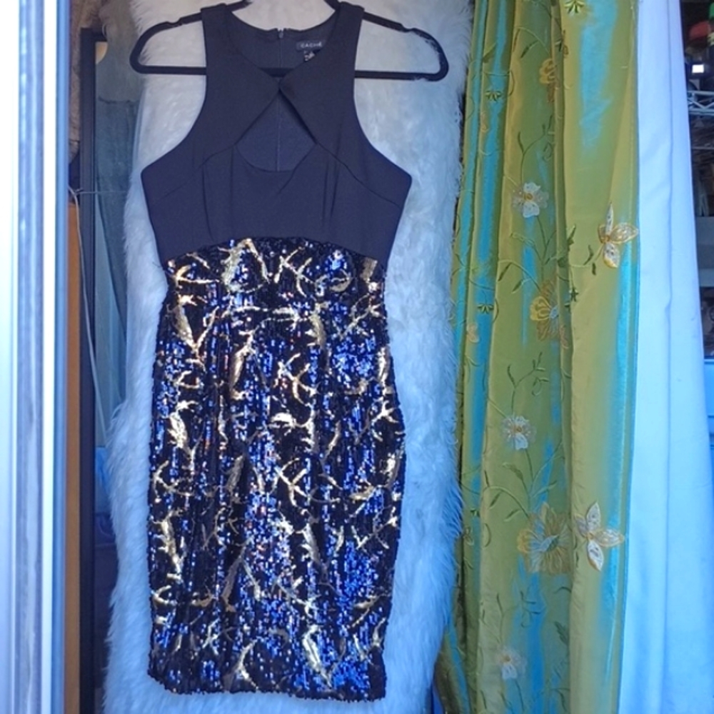 Cache, Small, Black and Gold sequin dress, women small polyester